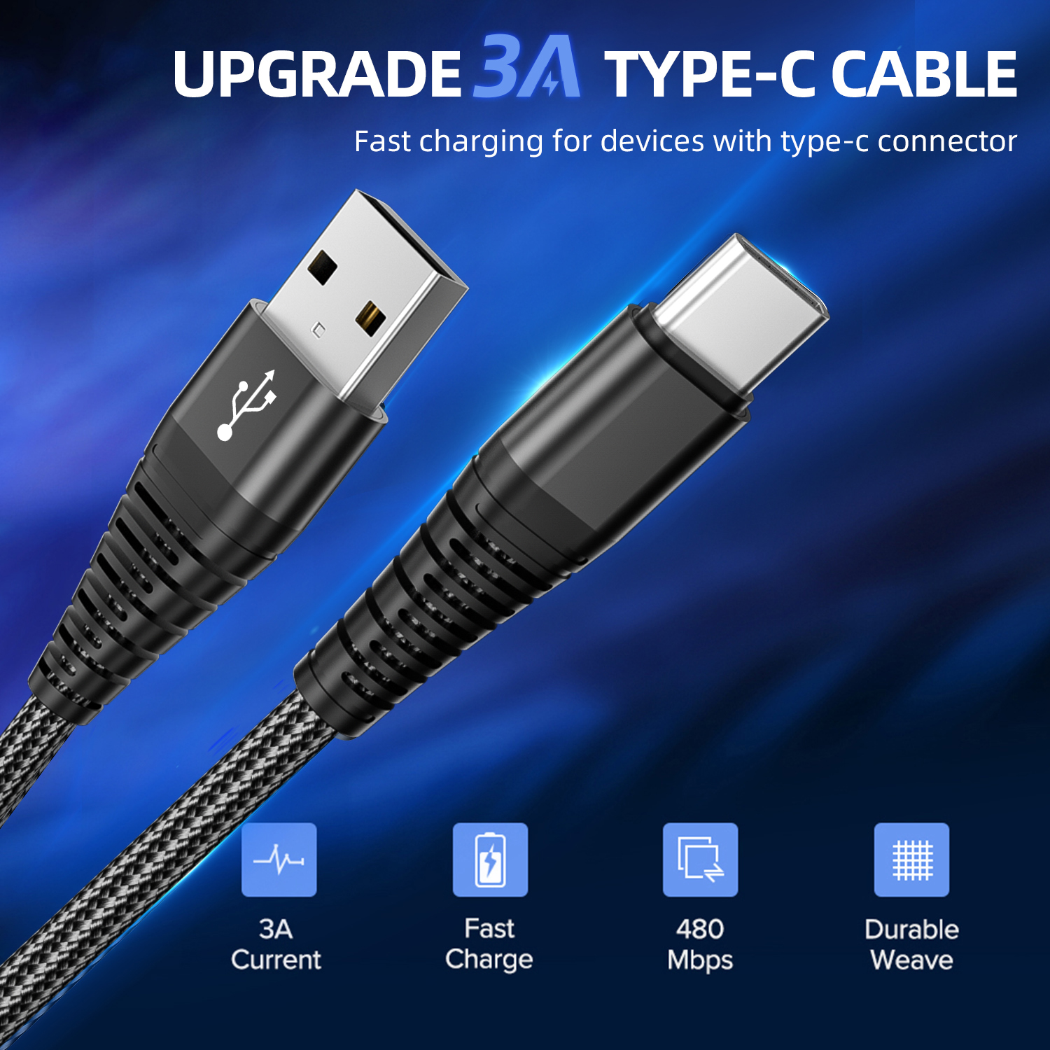 Téléphone tressé en nylon chaud Chargement USB C Câble tresse USB Type C Câble 1M 2M LOGO personnalisé 3A Câble USB de charge rapide
